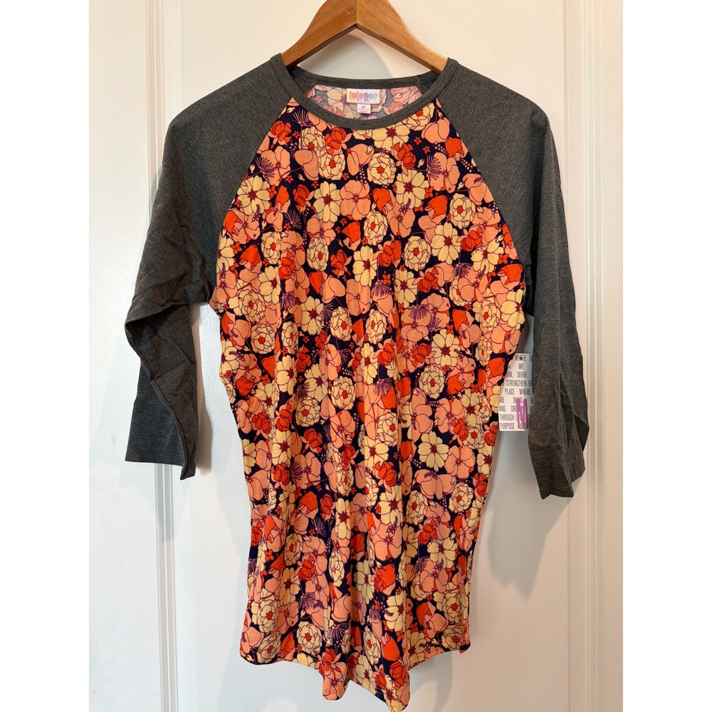 LuLaRoe Randy Baseball Tee Womens Medium Floral Raglan 3/4 Sleeve Gray Orange